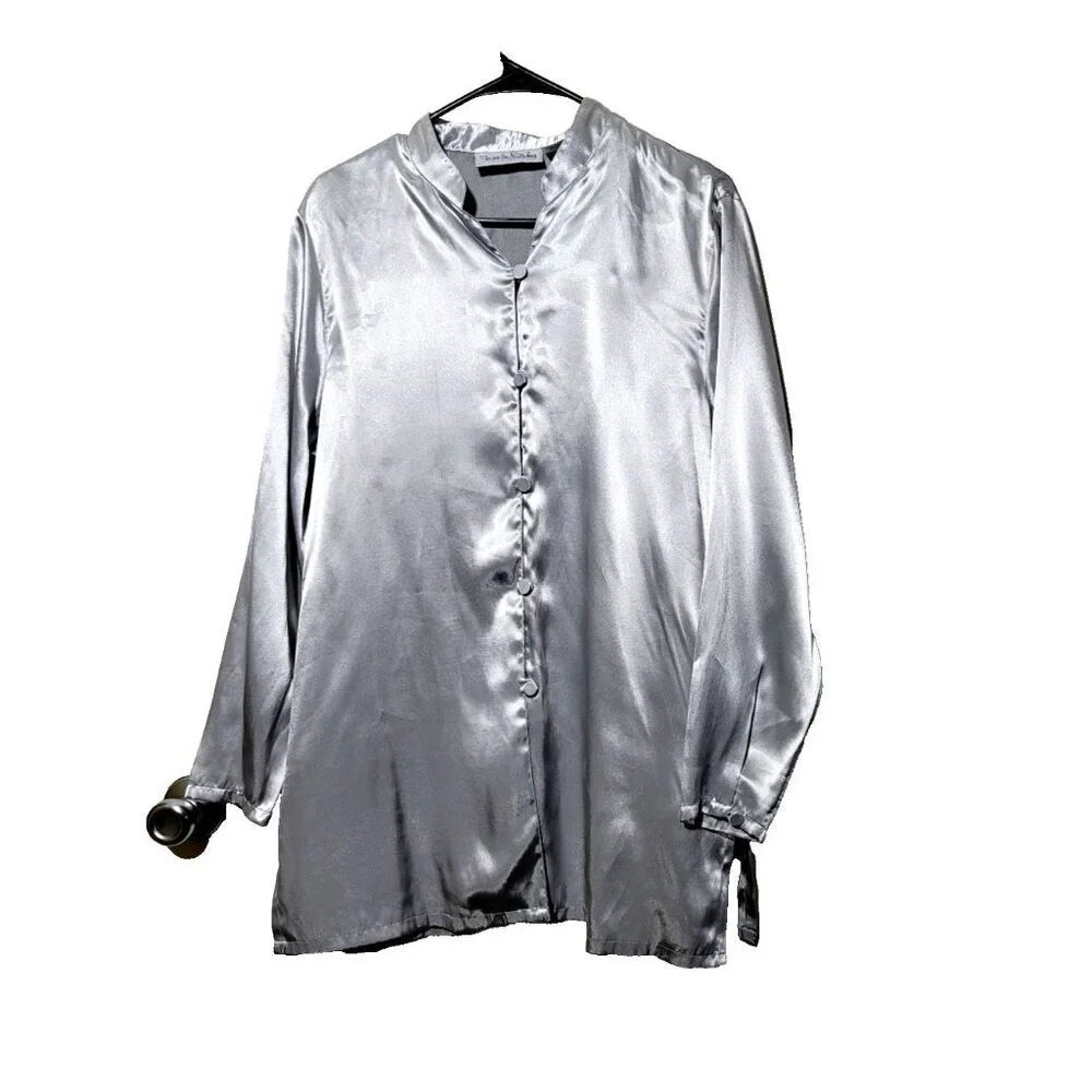 Vintage Diane Von Furstenberg Blouse Large Satin Gray Button Up Side Slit Retro